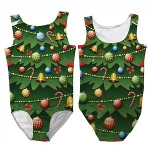 Mt. Logan Green Christmas Tree Print Stretchy Low Back Girls Dance Leotard